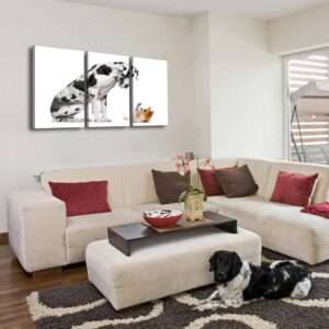 3 Piece Wall Art Painting On Canvas Great Dane sitting and looking at a Chihuahua in front of a white Gallery Wrapped Modern Artwork for Living Room Bedroom Décor Ready to Hang 20"x32"x3 Panel