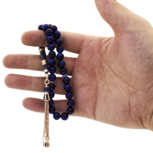 Solid 925 Sterling Silver Tassel Blue Tiger's Eye Stones Islamic 33 Prayer Beads Tasbeeh Misbaha