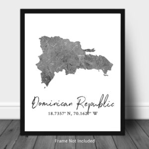 Dominican Republic Map Wall Art Print - 8x10 Silhouette Decor Print with Coordinates. Makes a Great DR-Themed Gift. Shades of Grey, Black & White.