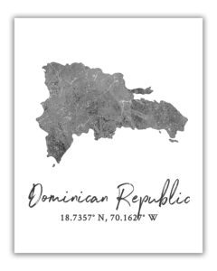 dominican republic map wall art print - 8x10 silhouette decor print with coordinates. makes a great dr-themed gift. shades of grey, black & white.