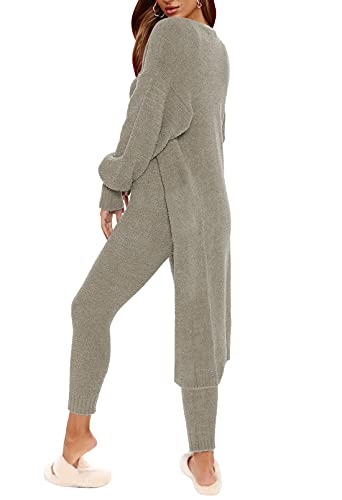 Fixmatti Fuzzy 3 Piece Legging Set for Women Open Front Cardigan Cropped Tops Long Pant Suit Khaki S