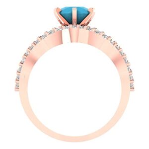 Clara Pucci 1.65ct Round Cut Laser Engraving Halo Split Shank Turquoise Designer Statement Curved Ring Band Set 18K Rose Gold Size 3.5