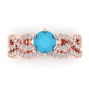 Clara Pucci 1.65ct Round Cut Laser Engraving Halo Split Shank Turquoise Designer Statement Curved Ring Band Set 18K Rose Gold Size 3.5