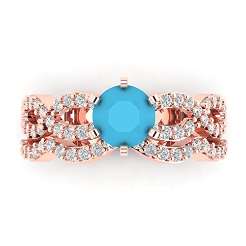 Clara Pucci 1.65ct Round Cut Laser Engraving Halo Split Shank Turquoise Designer Statement Curved Ring Band Set 18K Rose Gold Size 3.5