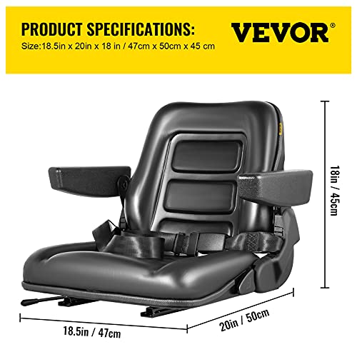 VEVOR Universal Forklift Seat Black PVC Tractor Seat, 6"/150MM Adjustable Mower Seat Foldable Seat Including Armrests, Seat Belt, Seat Switch, Skid Steer Seat Fit Forklift, Tractor, Skid Loader