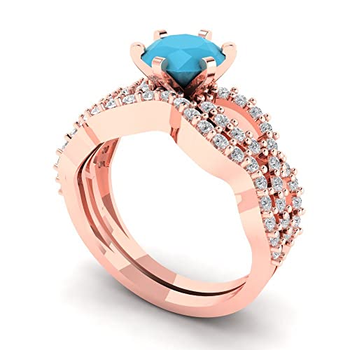 Clara Pucci 1.65ct Round Cut Laser Engraving Halo Split Shank Turquoise Designer Statement Curved Ring Band Set 18K Rose Gold Size 3.5