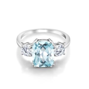 Gem Stone King 925 Sterling Silver Sky Blue Simulated Aquamarine and White Moissanite 3 Stone Ring For Women (3.36 Cttw, Cushion Cut 10X8MM, Round 4.5MM, Gemstone, Available In Size 5, 6, 7, 8, 9)