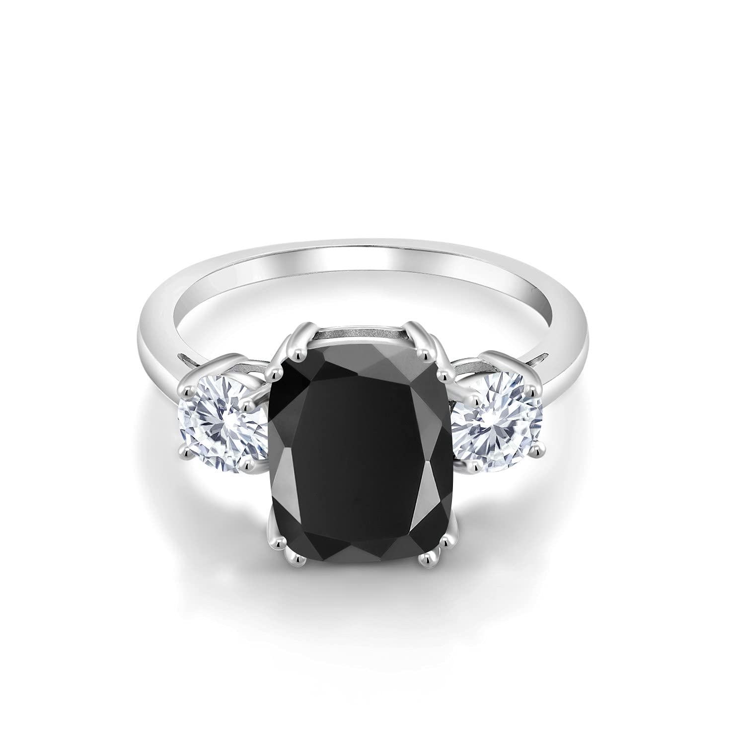 Gem Stone King 925 Sterling Silver Black Onyx and White Moissanite 3 Stone Ring For Women (3.39 Cttw, Cushion Cut 10X8MM, Round 4.5MM, Gemstone, Available In Size 5, 6, 7, 8, 9)