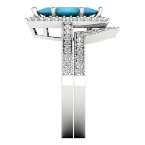 Clara Pucci 2.16ct Marquise Round Cut Laser Engraving Pave Halo Turquoise Engagement Wedding Bridal Ring Band set 18K White Gold Size 8.5