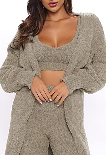 Fixmatti Fuzzy 3 Piece Legging Set for Women Open Front Cardigan Cropped Tops Long Pant Suit Khaki S