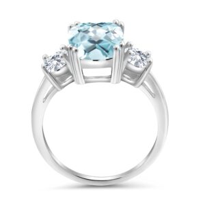 Gem Stone King 925 Sterling Silver Sky Blue Simulated Aquamarine and White Moissanite 3 Stone Ring For Women (3.36 Cttw, Cushion Cut 10X8MM, Round 4.5MM, Gemstone, Available In Size 5, 6, 7, 8, 9)