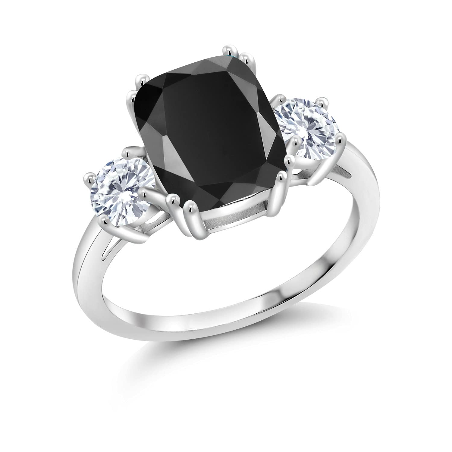 Gem Stone King 925 Sterling Silver Black Onyx and White Moissanite 3 Stone Ring For Women (3.39 Cttw, Cushion Cut 10X8MM, Round 4.5MM, Gemstone, Available In Size 5, 6, 7, 8, 9)