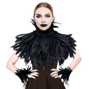 Gothic Real Black Feather Cape Shawl Shoulder Wings Choker Collar with 1 Pair Feather Cuffs, Unisex Fashion Feather Cape Shrug Shawl Stole Poncho, Halloween Cosplay Costume Party for Women Men