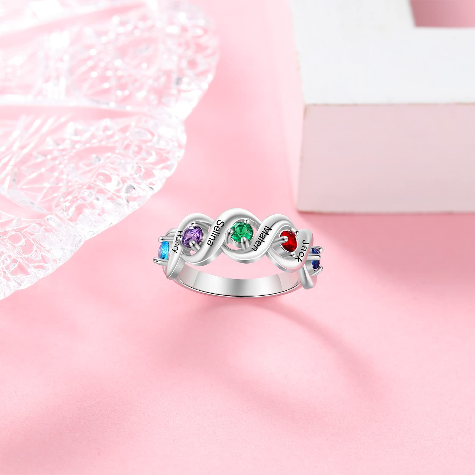 Zomodia Personalized Mother Daughter Rings with 5 Simulated Birthstones Engraved 5 Names Family Promise Jewelry for Women Custom Anniversary Rings for Mom Grandmother (7)