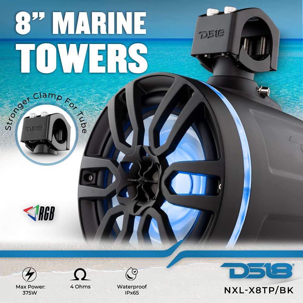 DS18 NXL-X8TP/BK Hydro 8" Marine Water Resistant Wakeboard Towers Speakers with Integrated RGB LED Lights - 375 W Max 125 W RMS 4 Ohms - Great for Boats Motorsports Jeep ATV & UTV - Pair