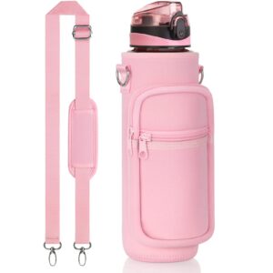 fimibuke 32 oz water bottle with sleeve - bpa free leakproof sport large 1l plastic motivational water bottle with straw & strap & insulated neoprene holder carrier bag for women men(a2.baby pink)