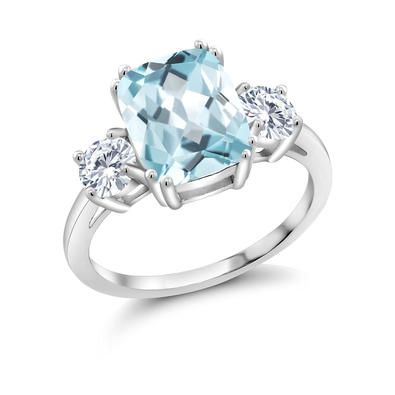 Gem Stone King 925 Sterling Silver Sky Blue Simulated Aquamarine and White Moissanite 3 Stone Ring For Women (3.36 Cttw, Cushion Cut 10X8MM, Round 4.5MM, Gemstone, Available In Size 5, 6, 7, 8, 9)