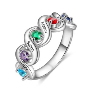 Zomodia Personalized Mother Daughter Rings with 5 Simulated Birthstones Engraved 5 Names Family Promise Jewelry for Women Custom Anniversary Rings for Mom Grandmother (7)