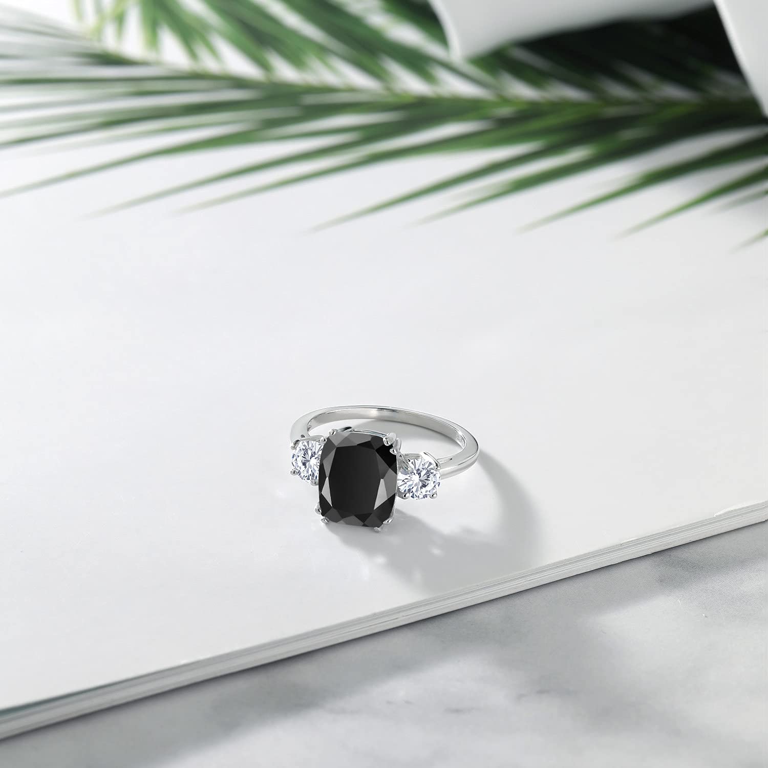 Gem Stone King 925 Sterling Silver Black Onyx and White Moissanite 3 Stone Ring For Women (3.39 Cttw, Cushion Cut 10X8MM, Round 4.5MM, Gemstone, Available In Size 5, 6, 7, 8, 9)