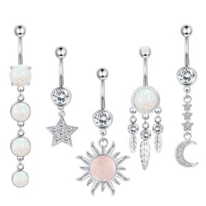 Drperfect 14G Belly Button Rings Dangle with Opal Feather Sun Moon Star for Women Belly Rings Navel Rings 316L Surgical Steel Belly Navel Piercing Jewelry (Silver Tone)