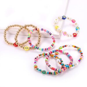 Beaded Stretch Bracelets for Women Rainbow Heishi Bracelet Set Colorful Clay Flower Evil Eye Gold-tone Beads Bracelet Summer Beach Bracelet Jewelry