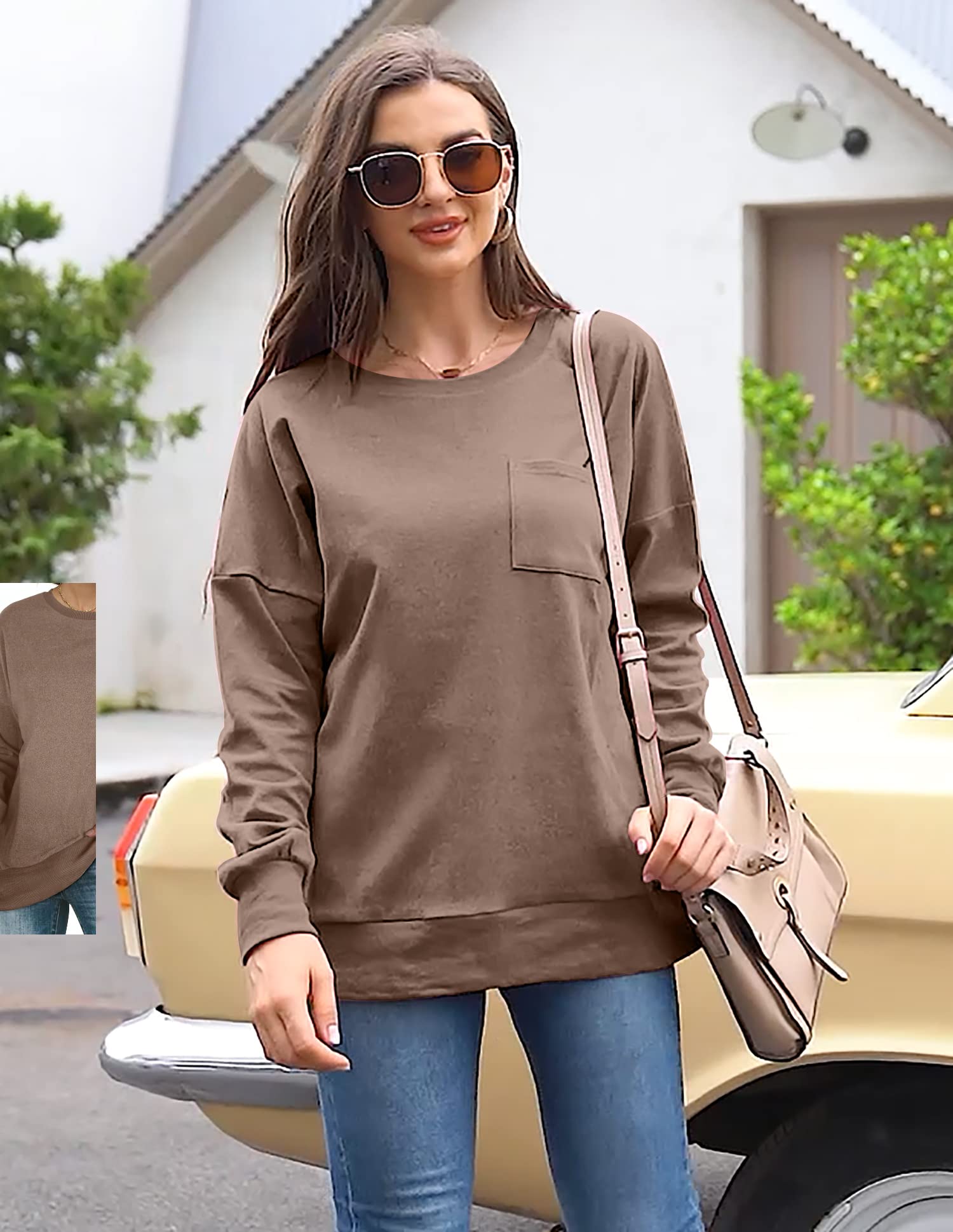 OFEEFAN Oversized Sweatshirts for women Long Sleeve Tunic Tops for Leggings Loose Fit Coffee L