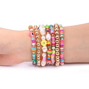 Beaded Stretch Bracelets for Women Rainbow Heishi Bracelet Set Colorful Clay Flower Evil Eye Gold-tone Beads Bracelet Summer Beach Bracelet Jewelry