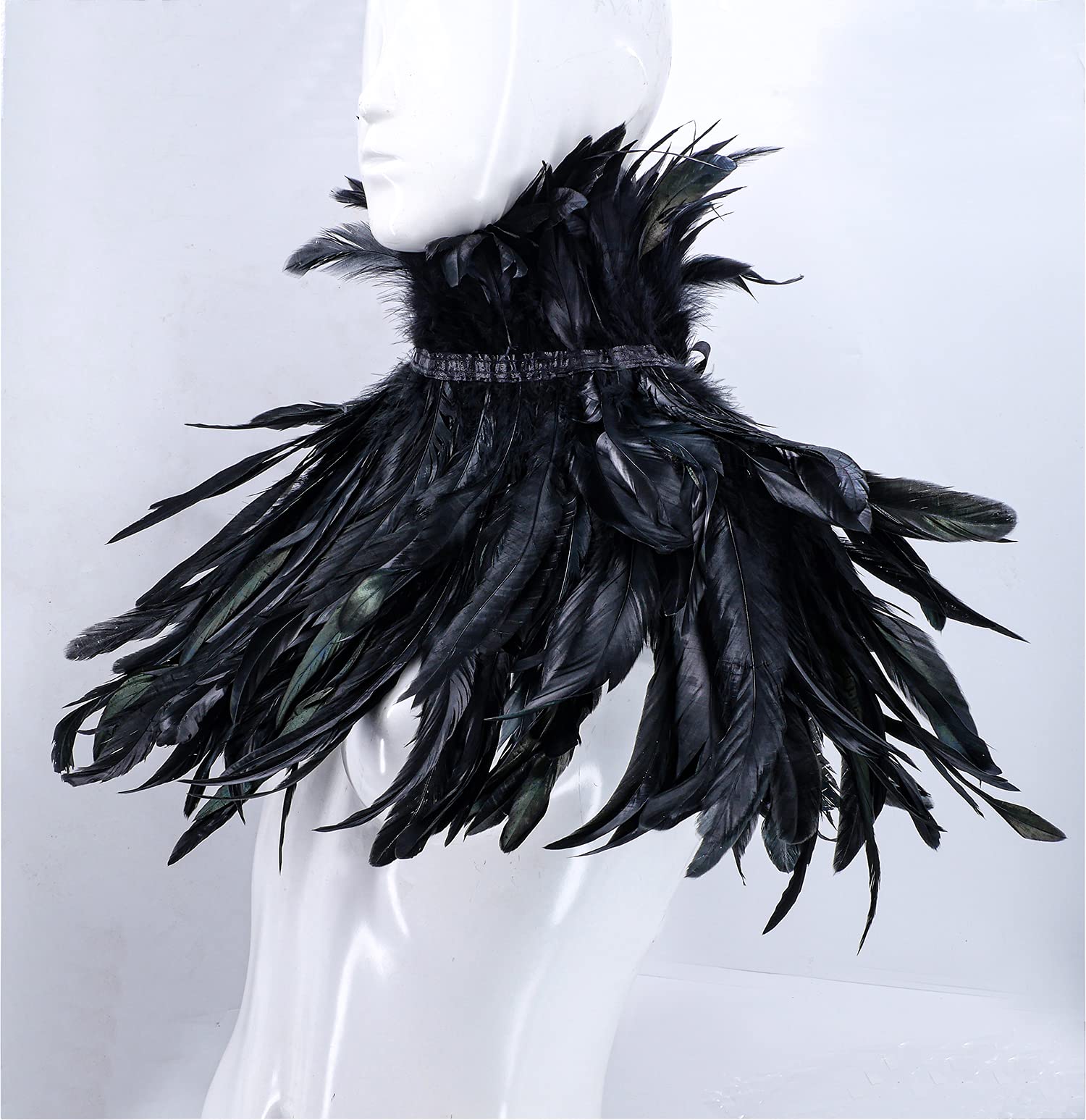 Gothic Real Black Feather Cape Shawl Shoulder Wings Choker Collar with 1 Pair Feather Cuffs, Unisex Fashion Feather Cape Shrug Shawl Stole Poncho, Halloween Cosplay Costume Party for Women Men