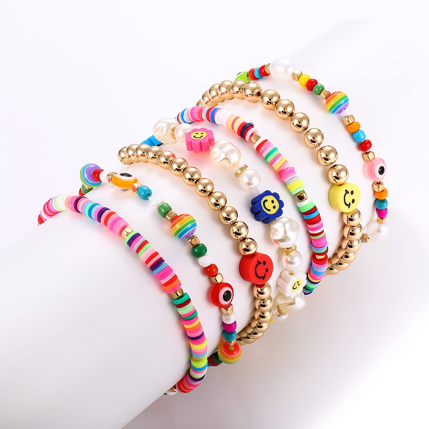 Beaded Stretch Bracelets for Women Rainbow Heishi Bracelet Set Colorful Clay Flower Evil Eye Gold-tone Beads Bracelet Summer Beach Bracelet Jewelry