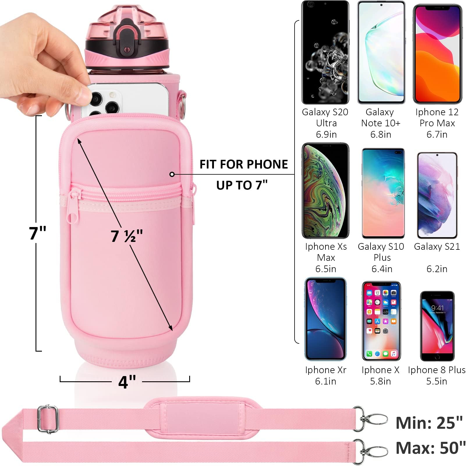 Fimibuke 32 oz Water Bottle with Sleeve - BPA Free Leakproof Sport Large 1L Plastic Motivational Water Bottle with Straw & Strap & Insulated Neoprene Holder Carrier Bag for Women Men(A2.Baby Pink)