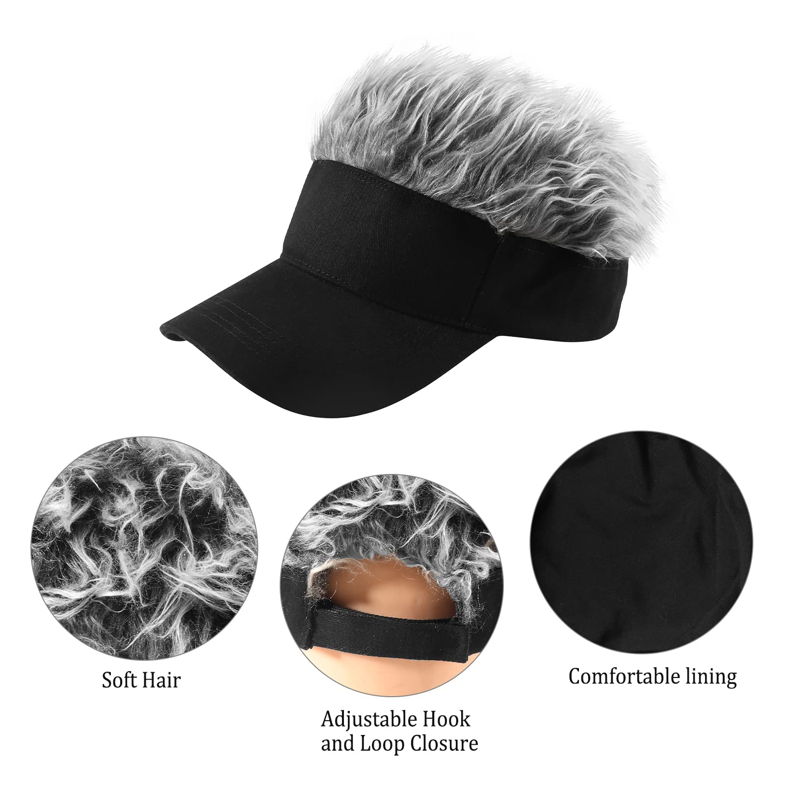 Regilt Adjustable Sun Visor Hat with Wig Spiked Hairs Fashion Baseball Golf Cap for Men & Women (3pcs-Black Gray)