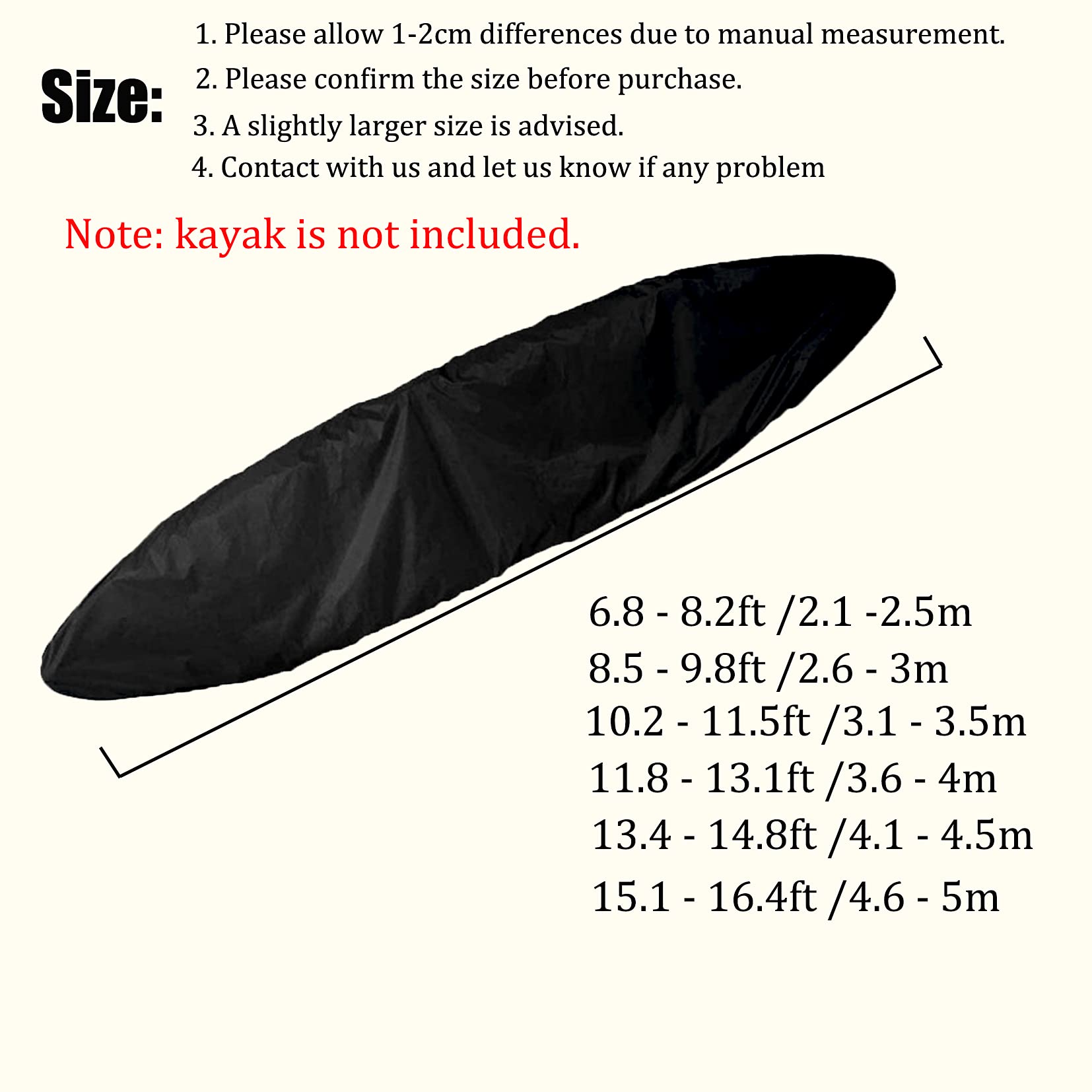 J&C Kayak Covers for Outdoor Storage Waterproof Canoe Cover Dust Proof Fits 8ft 10ft 12ft 13ft 14ft 15 16 17 18ft 19 ft 210D Polyester Anti Sunlight Fishing Boat Protector Black (13.4-14.8ft)