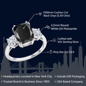 Gem Stone King 925 Sterling Silver Black Onyx and White Moissanite 3 Stone Ring For Women (3.39 Cttw, Cushion Cut 10X8MM, Round 4.5MM, Gemstone, Available In Size 5, 6, 7, 8, 9)