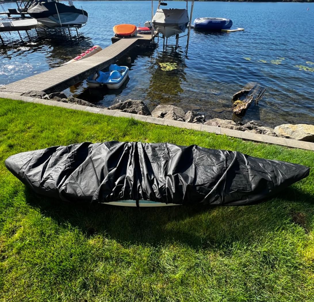 J&C Kayak Covers for Outdoor Storage Waterproof Canoe Cover Dust Proof Fits 8ft 10ft 12ft 13ft 14ft 15 16 17 18ft 19 ft 210D Polyester Anti Sunlight Fishing Boat Protector Black (13.4-14.8ft)