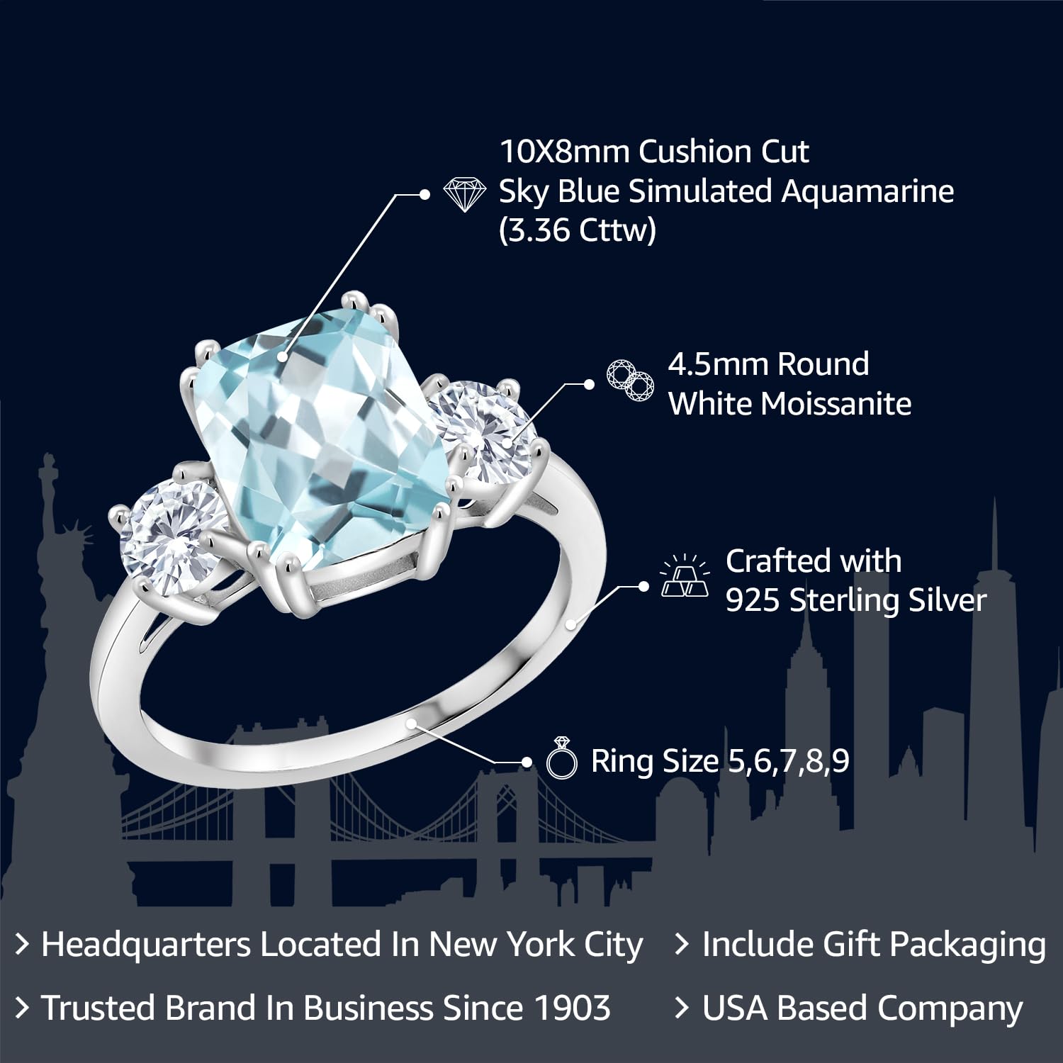 Gem Stone King 925 Sterling Silver Sky Blue Simulated Aquamarine and White Moissanite 3 Stone Ring For Women (3.36 Cttw, Cushion Cut 10X8MM, Round 4.5MM, Gemstone, Available In Size 5, 6, 7, 8, 9)