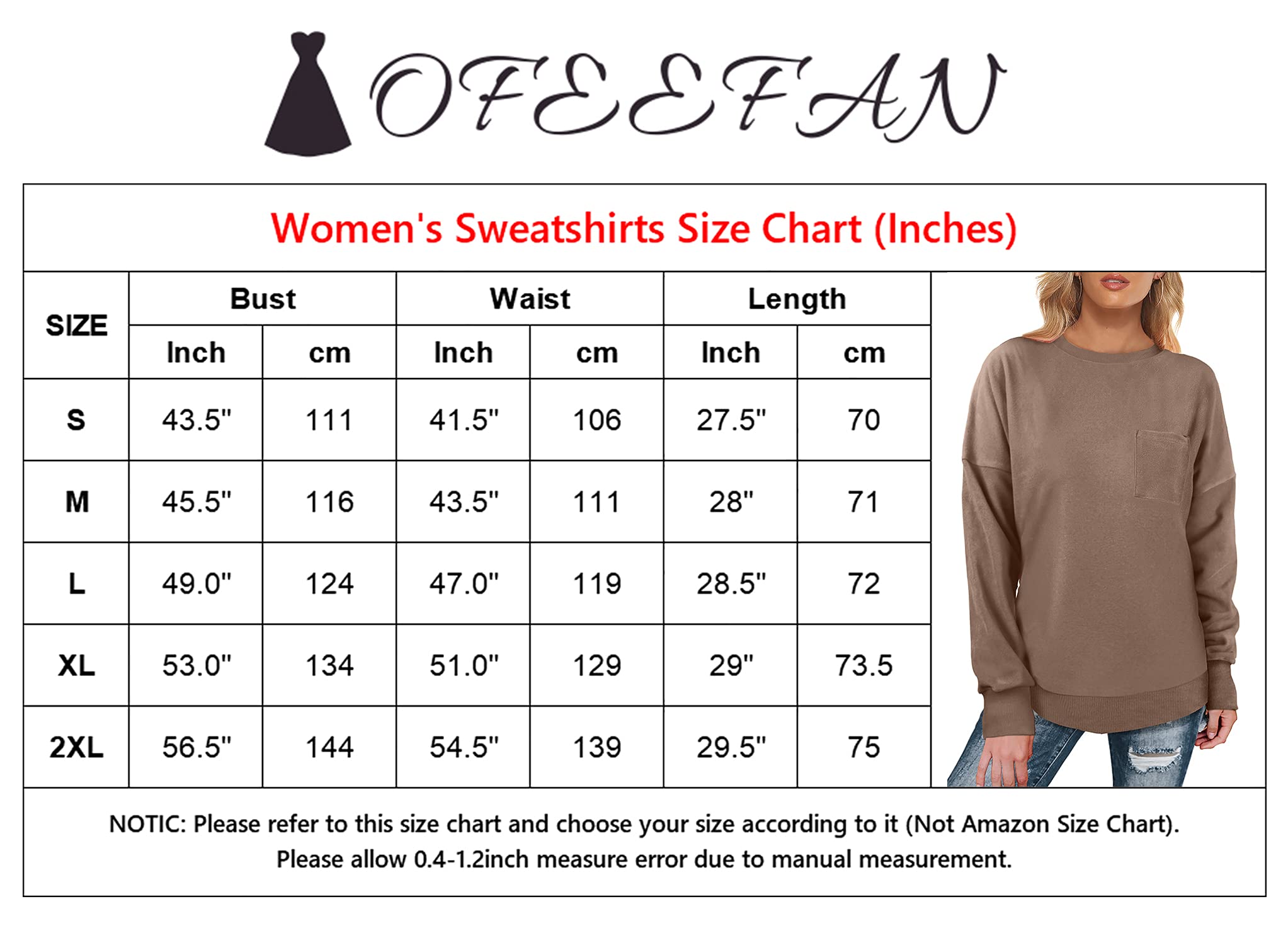 OFEEFAN Oversized Sweatshirts for women Long Sleeve Tunic Tops for Leggings Loose Fit Coffee L