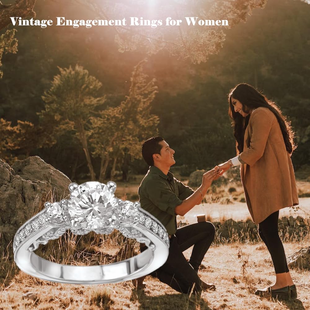 Aihpos Vintage Engagement Rings for Women White Gold with 1 Carat Center Moissanite, 3 Stone Engagement Rings Platinum Plated Silver 10K 14K 18K Gold with Text Engraving(Platinum Plated Silver)