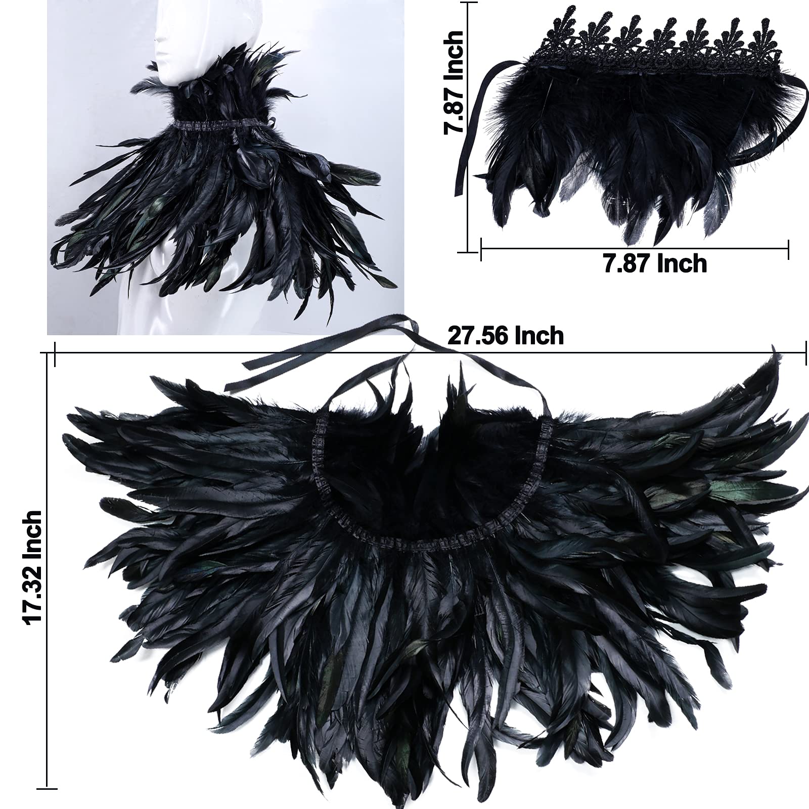 Gothic Real Black Feather Cape Shawl Shoulder Wings Choker Collar with 1 Pair Feather Cuffs, Unisex Fashion Feather Cape Shrug Shawl Stole Poncho, Halloween Cosplay Costume Party for Women Men