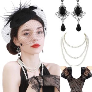 Diwlolido Fascinators Hats Pillbox Hat Cocktail Tea Party Feather Hair Clip Wedding Headwear with Veil for Women and Girls (Feather Black Set)