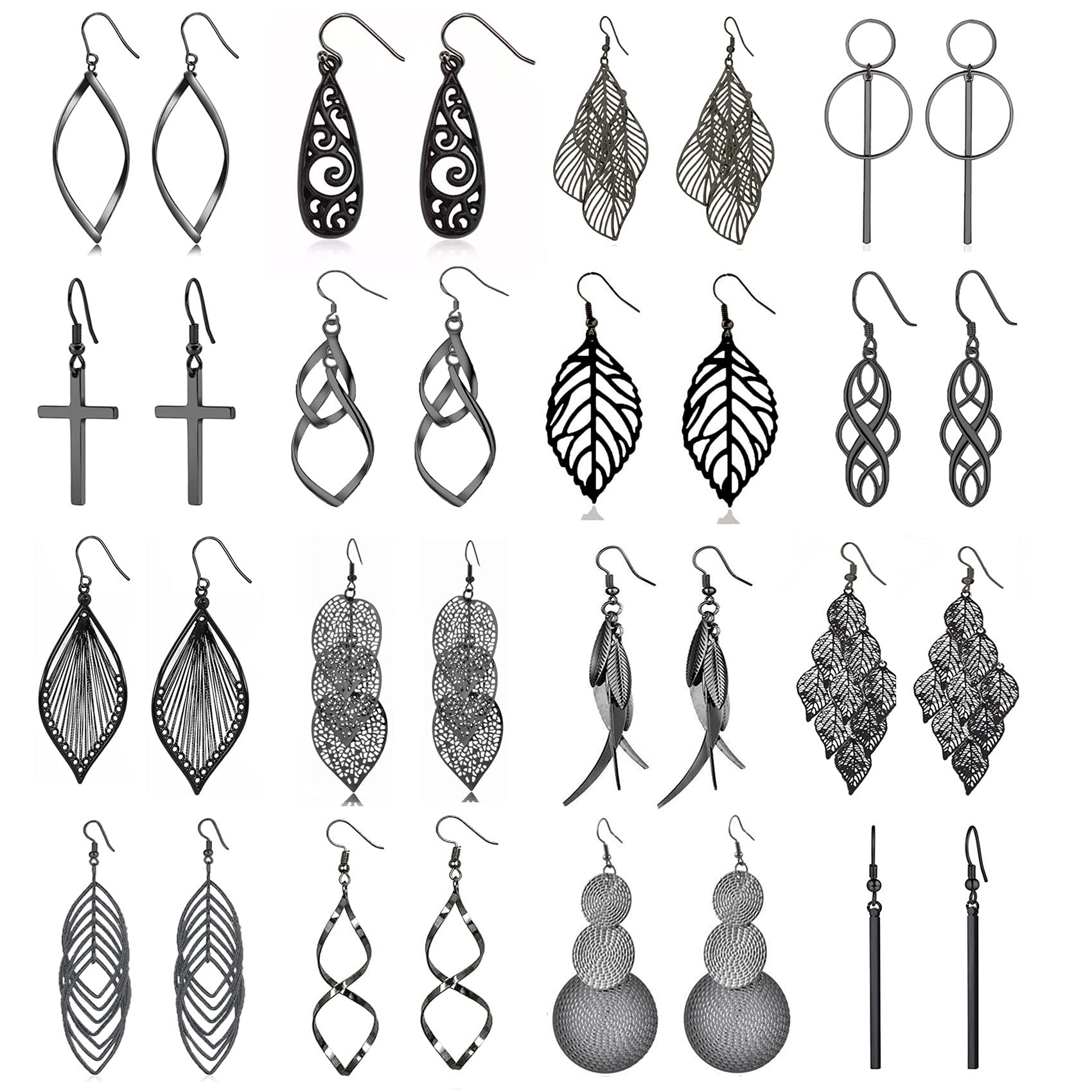 16 Pairs Drop Dangle earrings for Women Fashion Jewelry Dangly Wholesale Earrings Vintage Boho Bohemian Earrings Set(black)