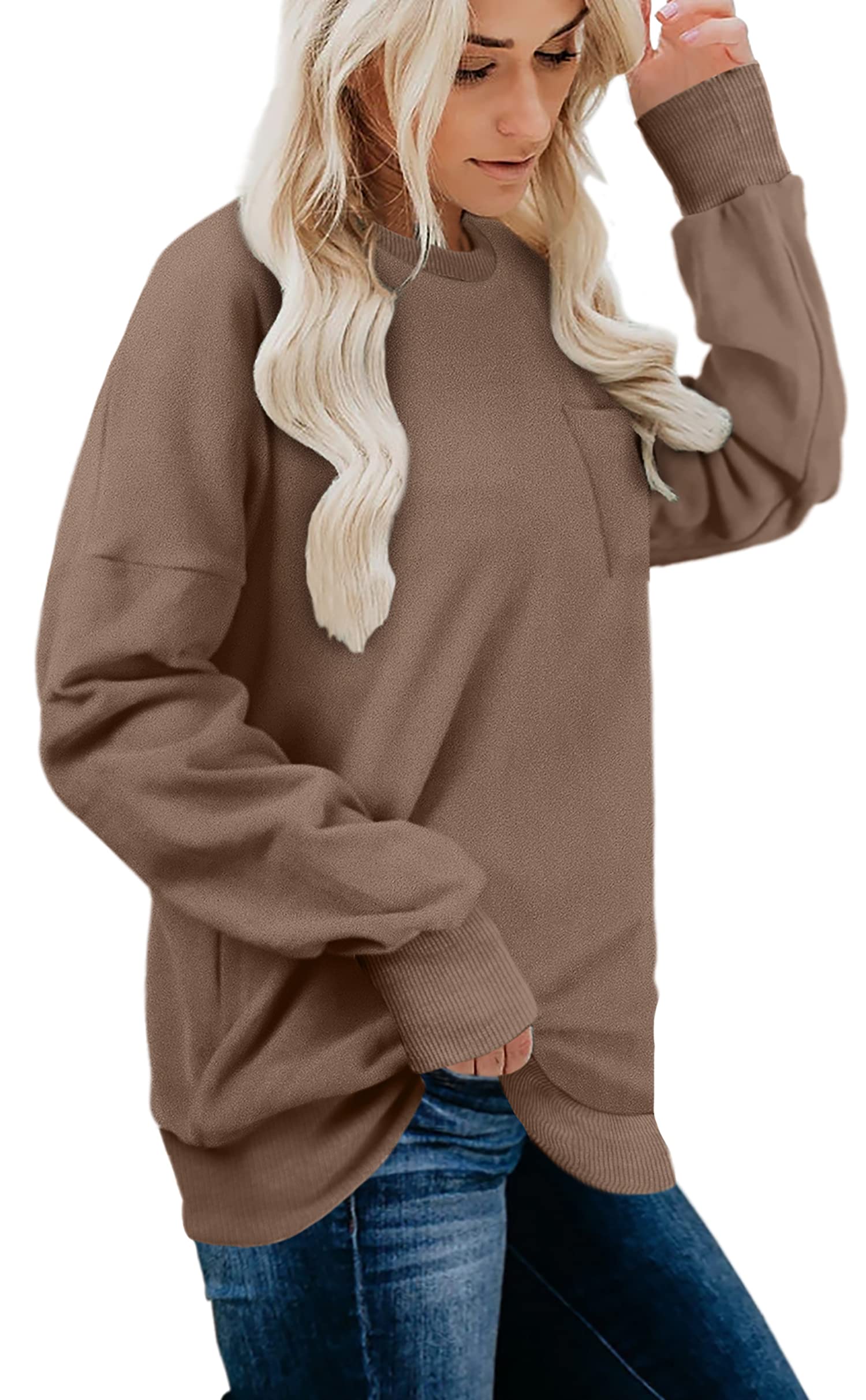 OFEEFAN Oversized Sweatshirts for women Long Sleeve Tunic Tops for Leggings Loose Fit Coffee L