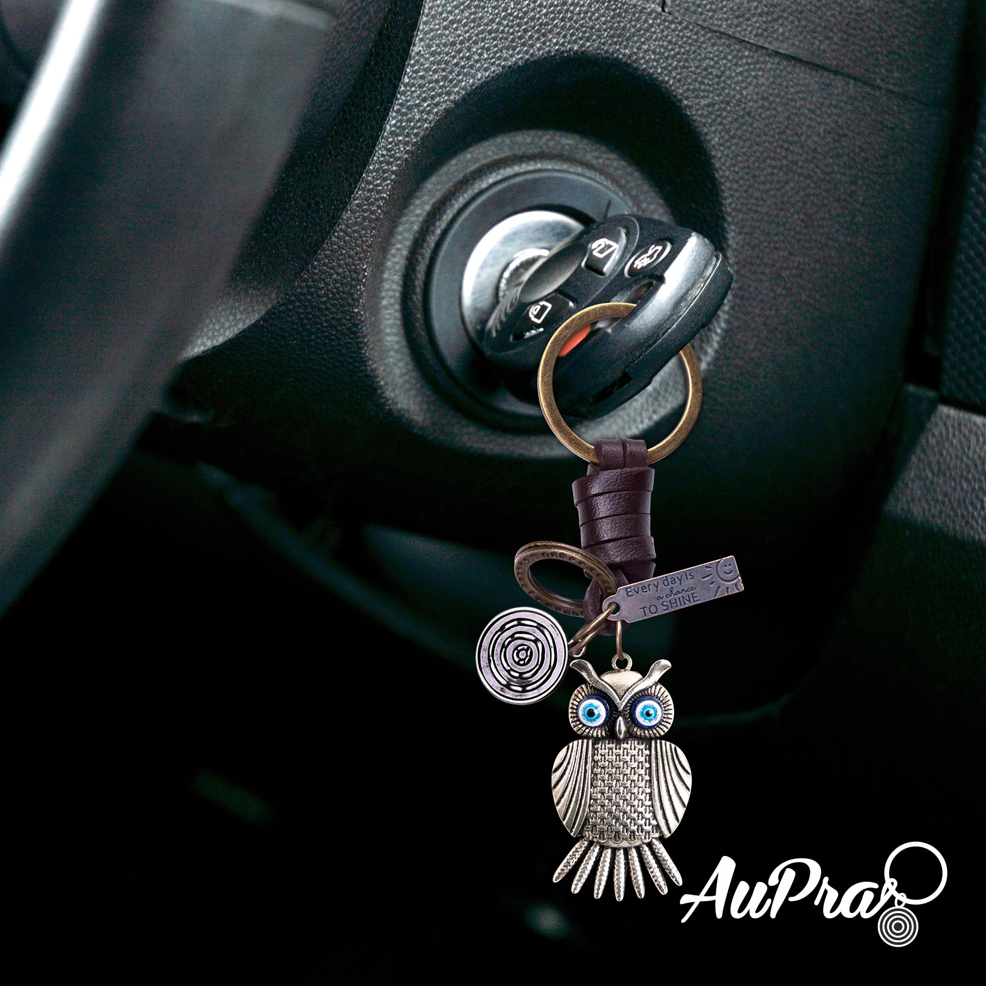 AuPra Silver KeyChain Gift Women & Men Leather KeyRing Home Car Door Keys Holder Girl & Boy Bird Present