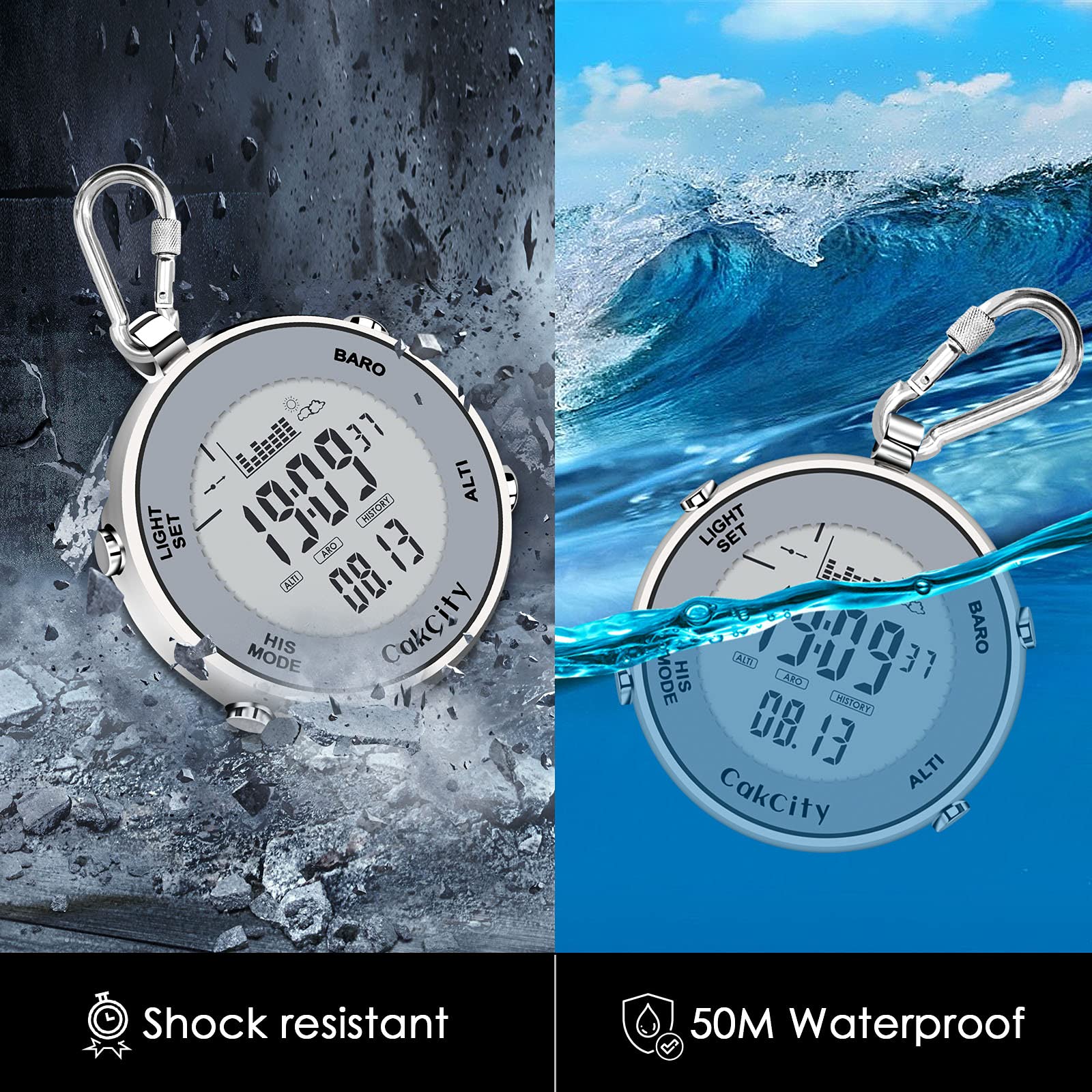 CakCity Mens Digital Pocket Watch with Chain Waterproof Outdoor Fishing Clip on Watches with Weather Altimeter Barometer Thermometer Stopwatch