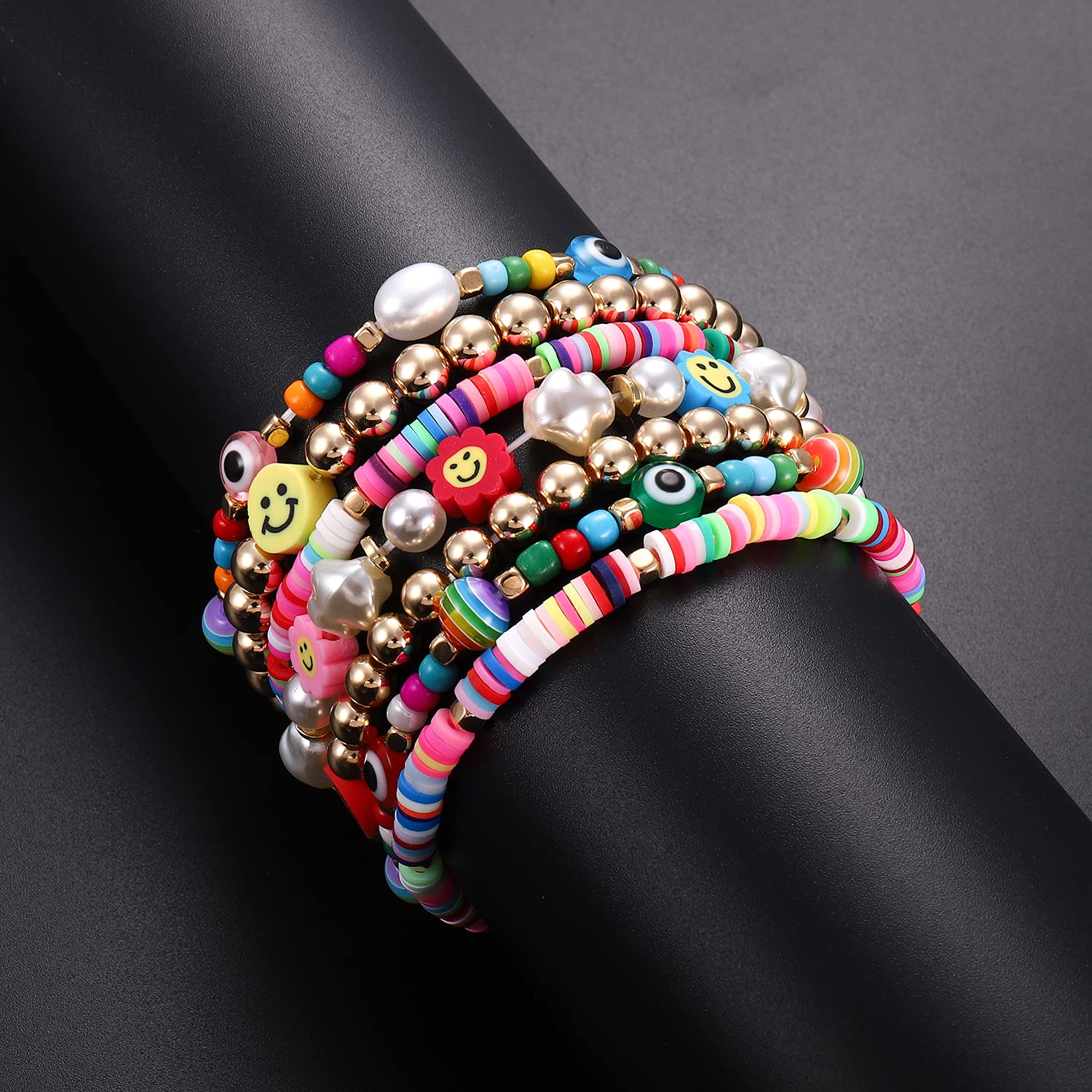 Beaded Stretch Bracelets for Women Rainbow Heishi Bracelet Set Colorful Clay Flower Evil Eye Gold-tone Beads Bracelet Summer Beach Bracelet Jewelry