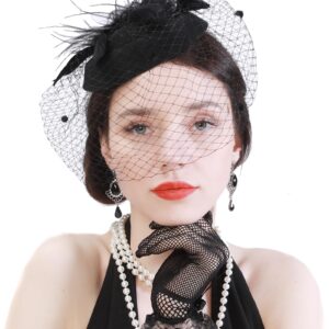 Diwlolido Fascinators Hats Pillbox Hat Cocktail Tea Party Feather Hair Clip Wedding Headwear with Veil for Women and Girls (Feather Black Set)