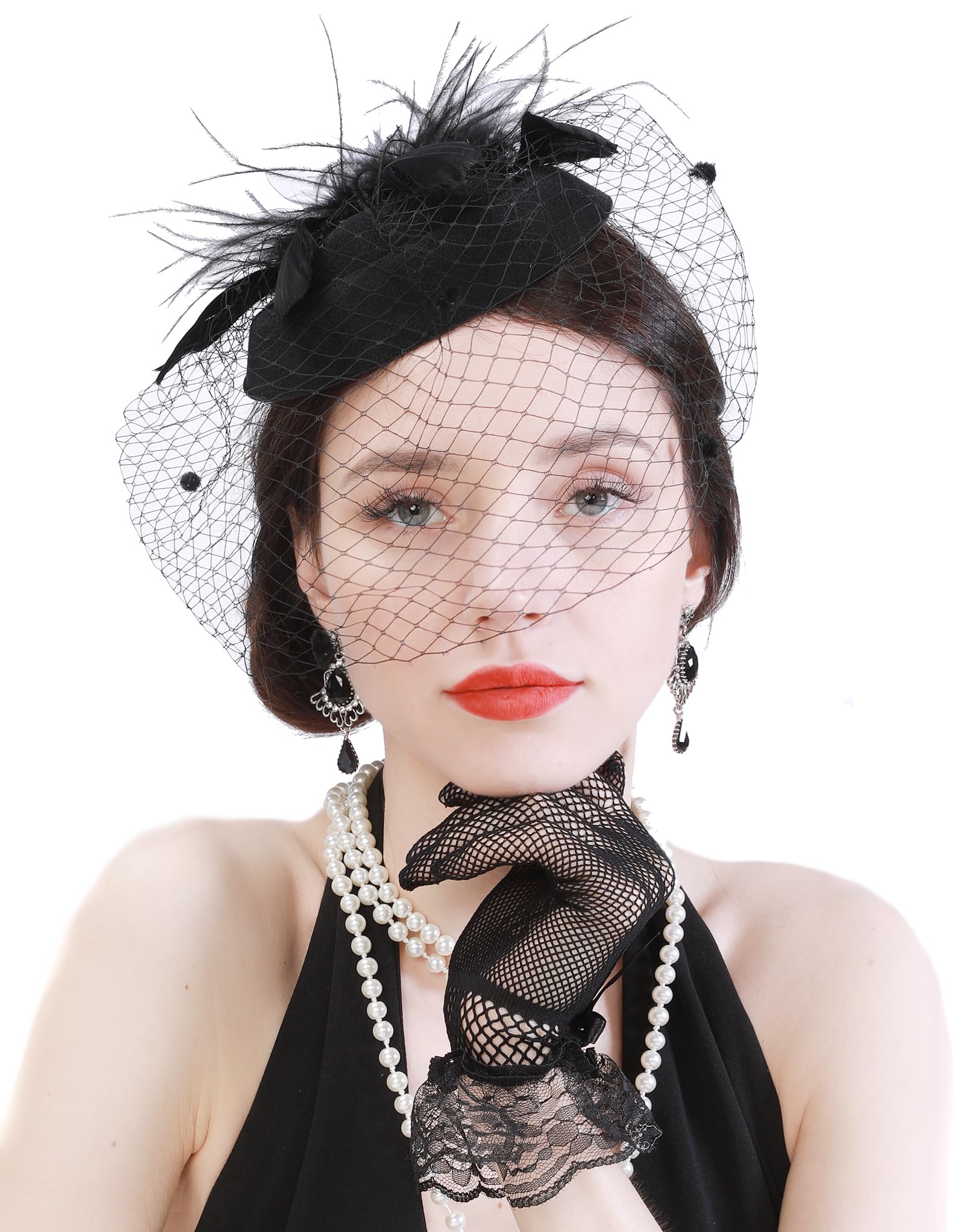 Diwlolido Fascinators Hats Pillbox Hat Cocktail Tea Party Feather Hair Clip Wedding Headwear with Veil for Women and Girls (Feather Black Set)