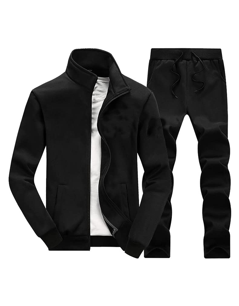 DOINLINE Men's Tracksuit 2 Piece Outfit Long Sleeve Jogging Sweatsuit Running Athletic Sports Set Black 2XL