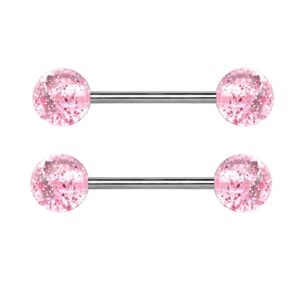 pierced owl 14ga super glittery acrylic ball ends grade 23 solid titanium barbell nipple rings, sold as a pair (pink)