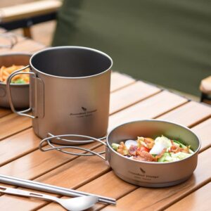 Boundless Voyage Camping Titanium Pot Pan Set with Folding Handles Outdoor Picnic Hiking Bowl Plate Mess Kit Tableware Cookware Ti2053C