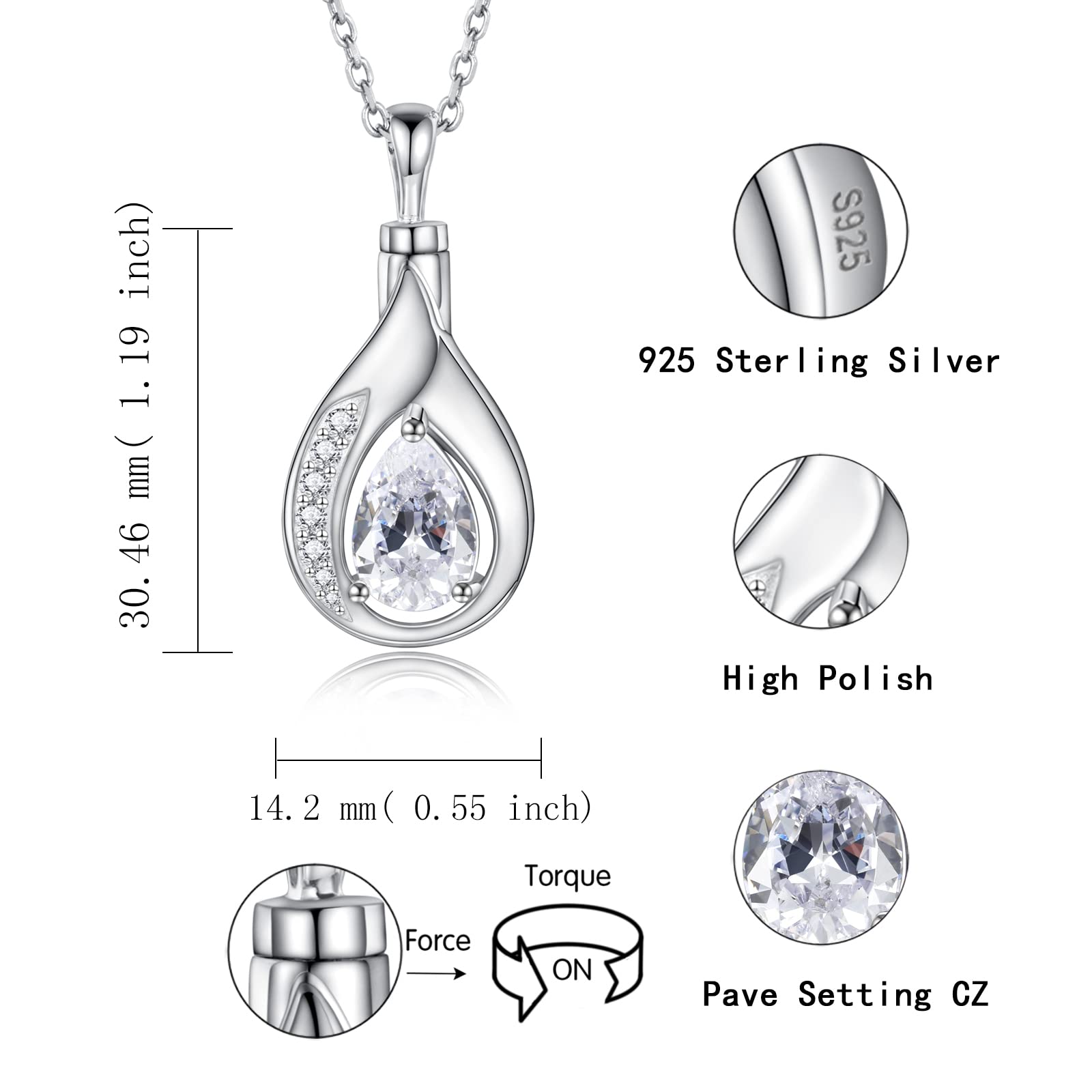 Teardrop Urn Necklace for Ashes - 925 Sterling Silver Blue Cremation Pendant Memorial Keepake Funeral Necklace Jewelry Gifts for Women Wife Mother (White)